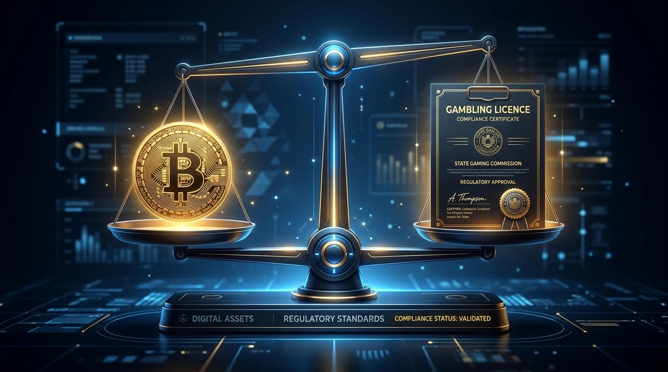 Illustration of a scale weighing a cryptocurrency coin against a gambling licence document, representing separate legal questions
