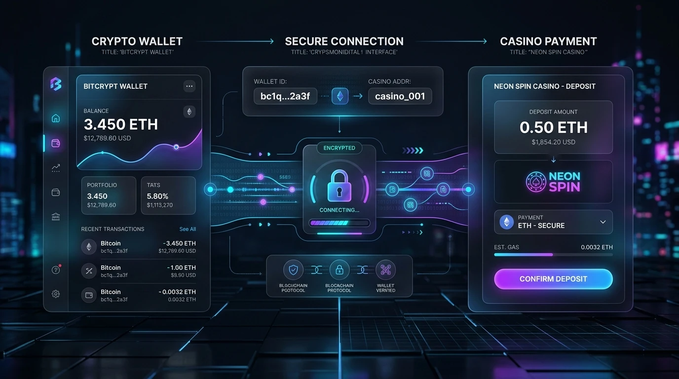 Illustration of a digital wallet connecting to an online casino payment flow, representing crypto casino payment education