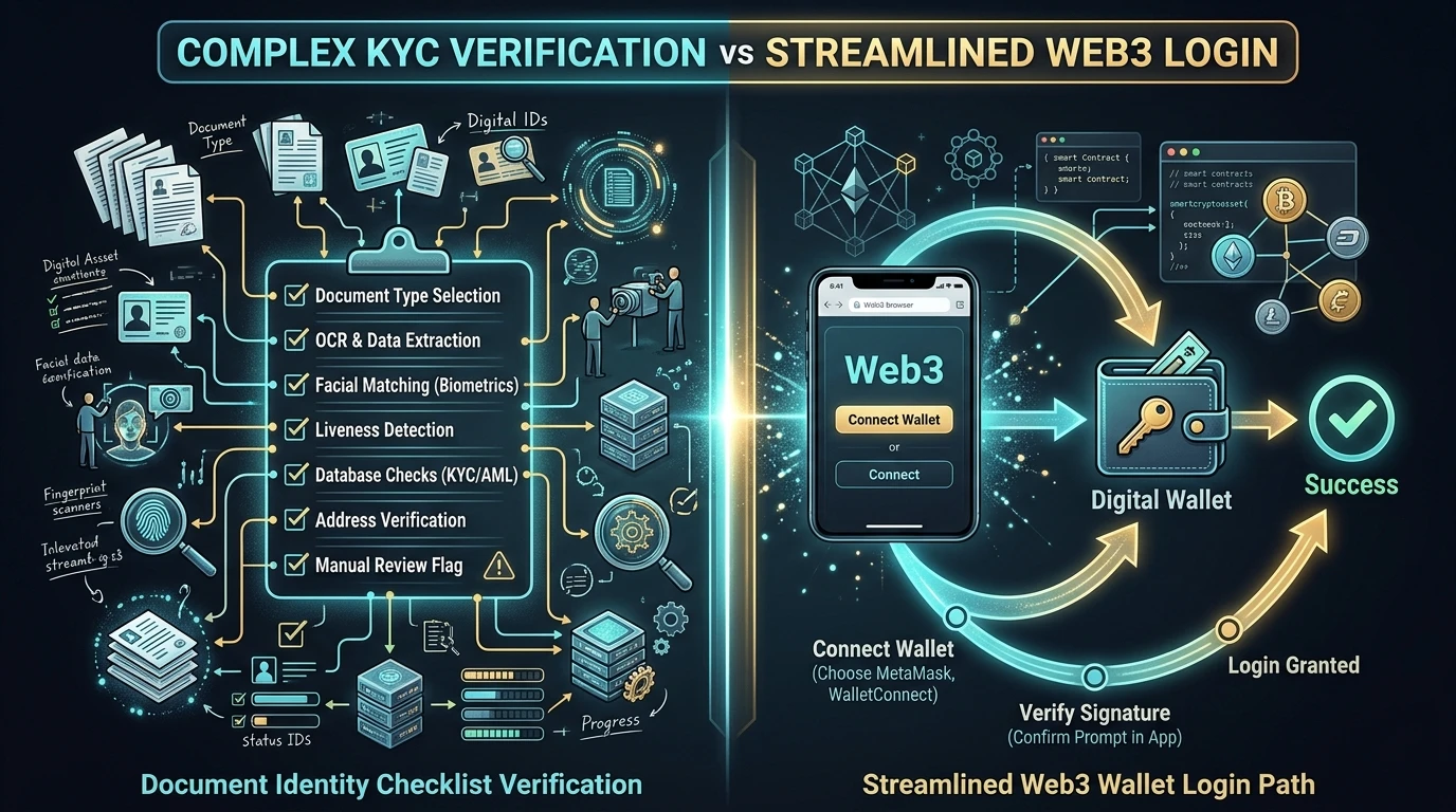 Illustration comparing a document-checklist verification path against a lighter wallet-only sign-up path