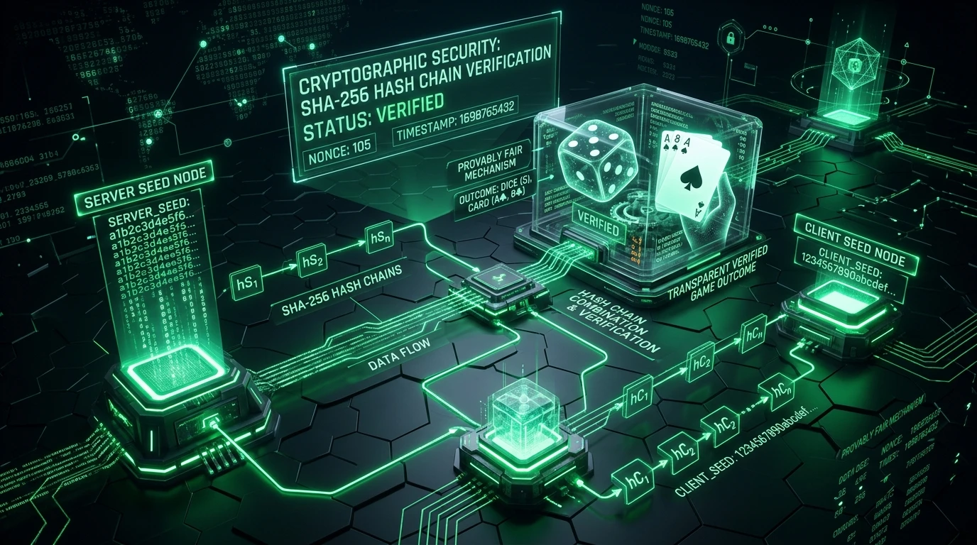 Illustration of a cryptographic hash chain linking a server seed and client seed to a verified game result