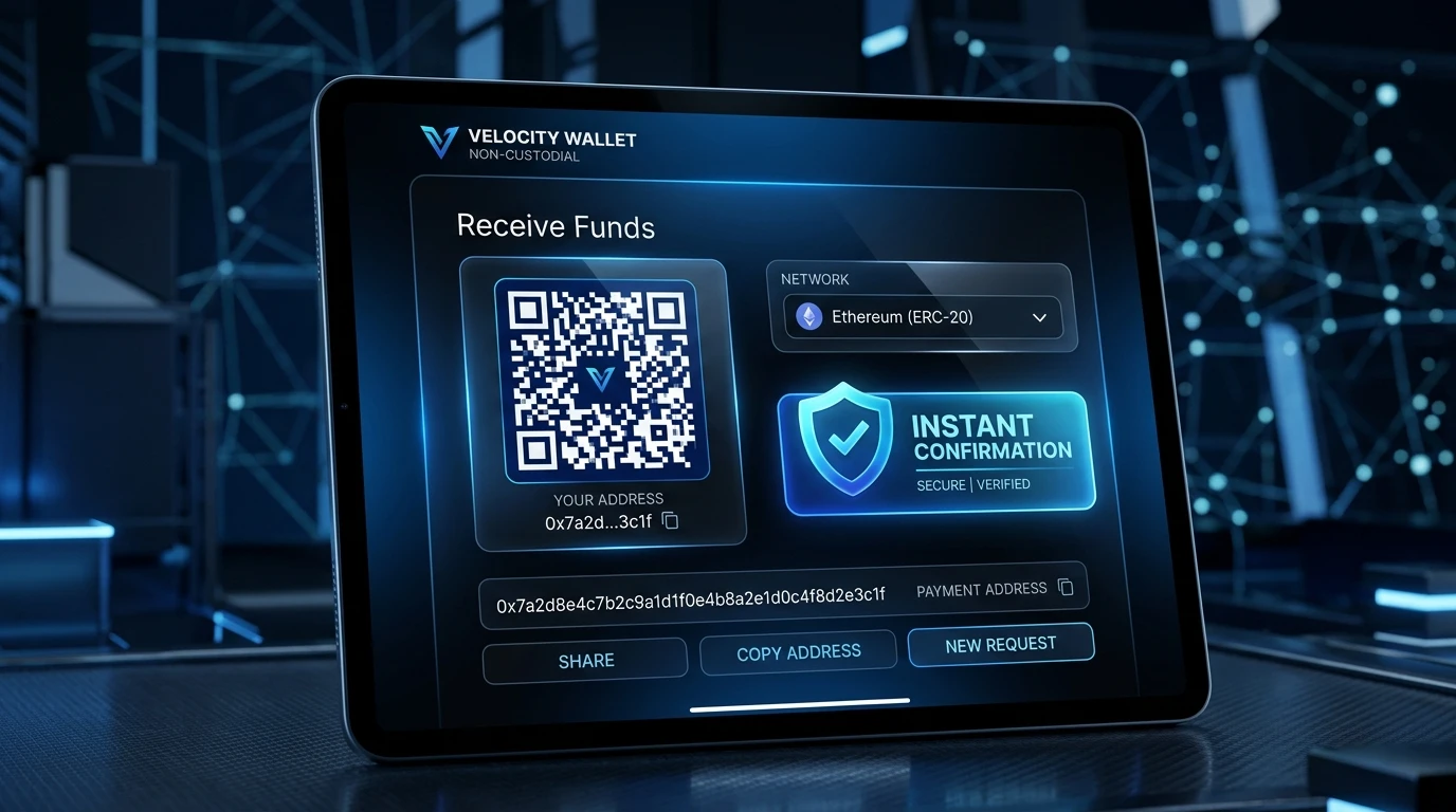 Illustration of a crypto wallet interface showing an address, network selector and confirmation status