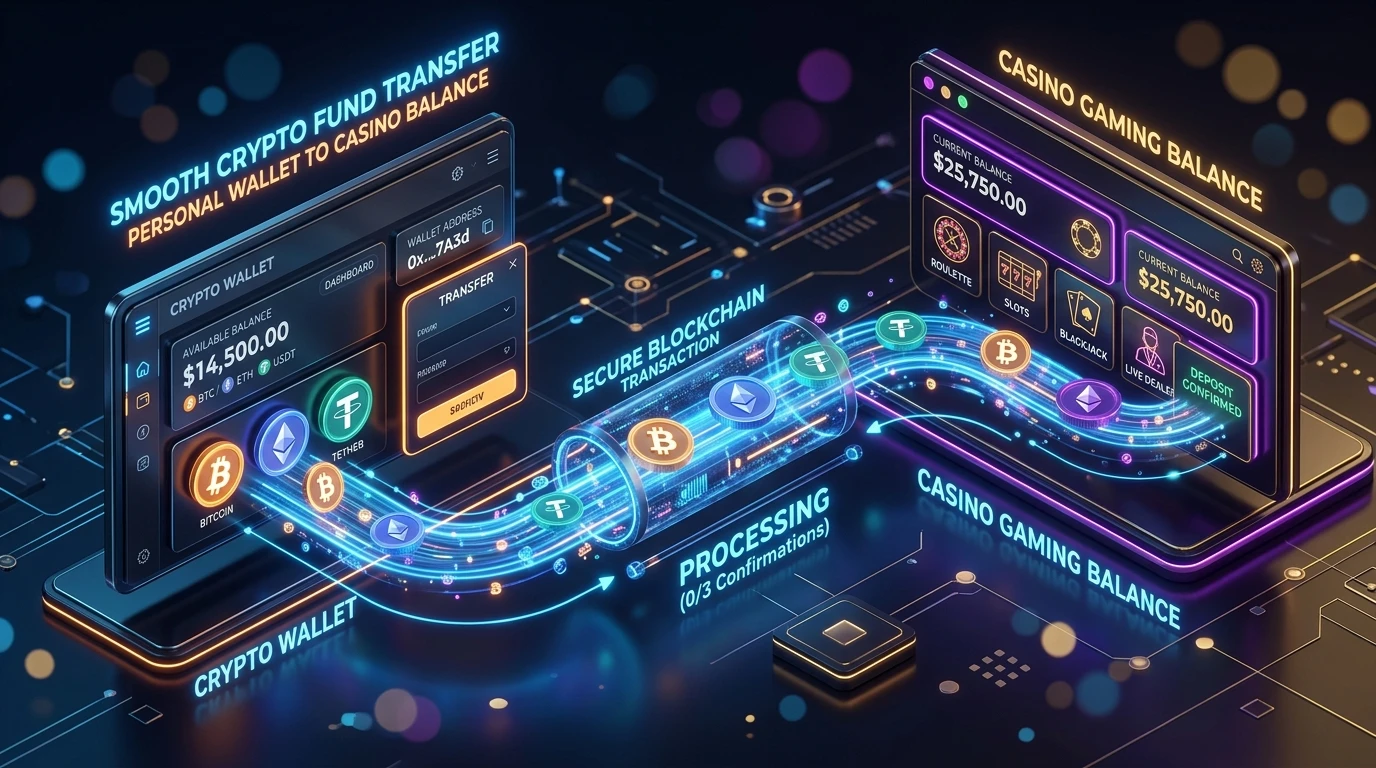 Diagram-style illustration showing crypto moving from a personal wallet into an online casino account balance